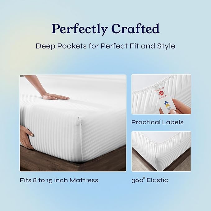 California Design Den Striped Twin Sheets Set - Soft 400 Thread Count Sateen, Natural 100% Cotton Sheets Twin Size Bed Set with Deep Pockets, Cooling and Durable Bedding - Striped White