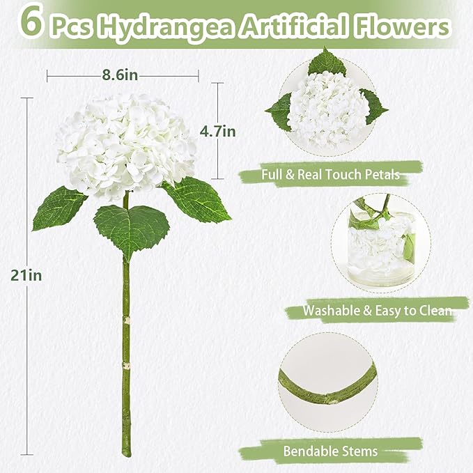 6 Pcs Real Touch Hydrangea Artificial Flowers, 21" White Full Faux Hydrangea Flowers Latex Fake Flowers for Home Decor Party Floral Arrangements Wedding Bouquets Centerpieces Outdoor Decor