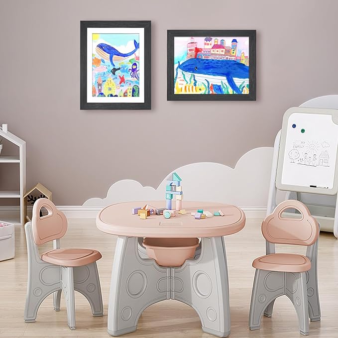 KINLINK 9x12 Kids Art Frames Set of 2, Solid Wood Kids Artwork Frames Changeable with Acrylic Front Opening Holds 150 Pictures, Art Frame for Kids Artwork with Mat or without Mat, Black Wood