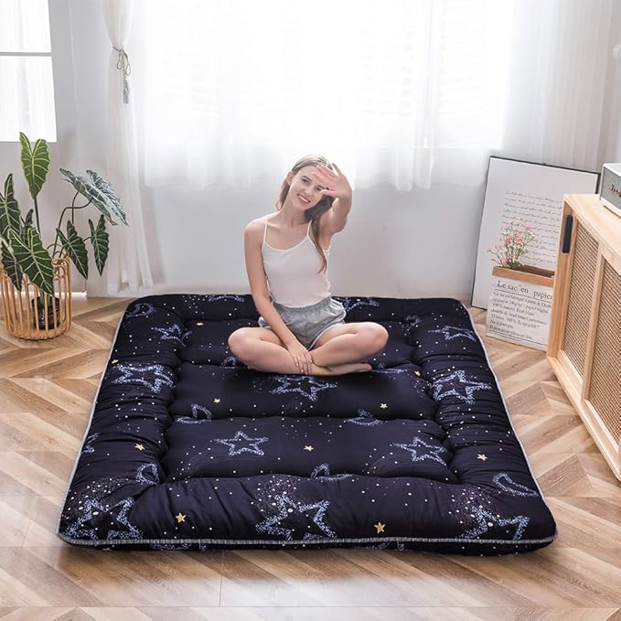 MAXYOYO Japanese Futon Mattress Floor Mattress Sleeping Pad Foldable Bed Roll Up Camping Cushion Floor Lounger Bed Couches and Sofas Couch Topper, Moon and Star, Queen Size