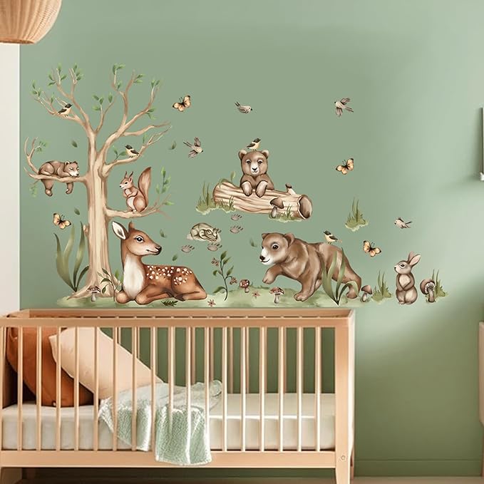 Jungle Animal Wall Stickers Forest Safari Wall Decals Kid Room Nursery Baby Bedroom Décor (Bear Spotted Deer Tree)