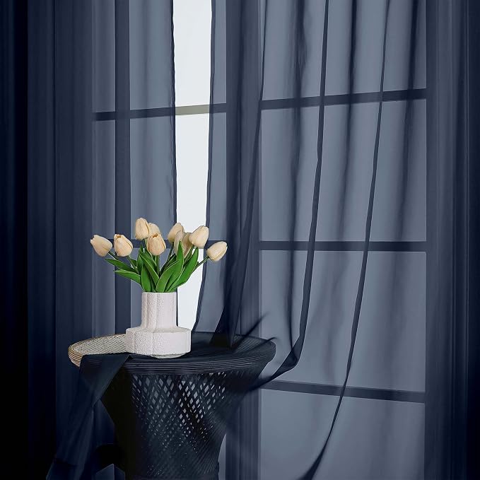 Chyhomenyc Navy Blue Sheer Curtains 63 Inches Long 2 Panels, Light Filtering - Image 2