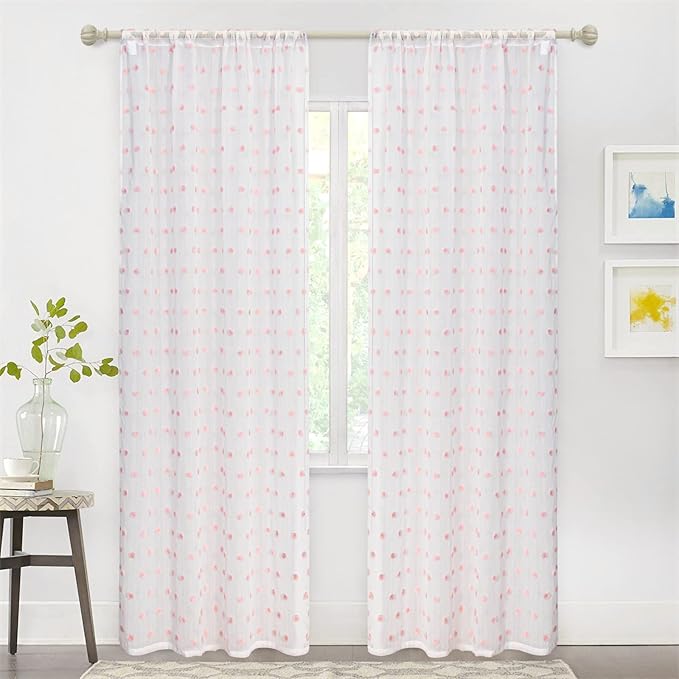 MYSKY HOME Pom Pom Sheer Curtains for Girls Bedroom Pink Curtains for Nursery 84 Inch Long Living Room Curtains 2 Panels Light Filtering Rod Pocket Semi Window Drapes 52 x 84 inch