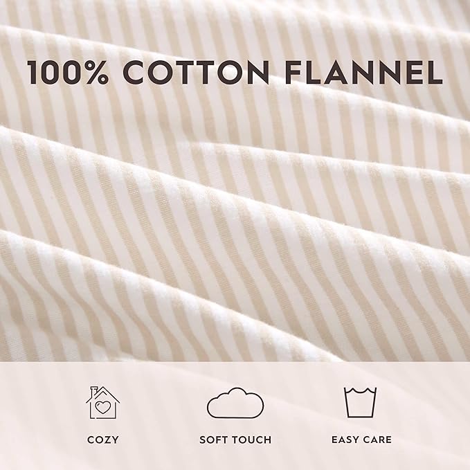 Laura Ashley - Flannel Sheets Twin Size, Anti-Pilling & Wrinkle Resistant Cotton, Touchably Soft for All-Season Comfort - Bed Sheets with Matching Pillowcase & Fitted Sheet (Oxfordshire Stripe Beige)