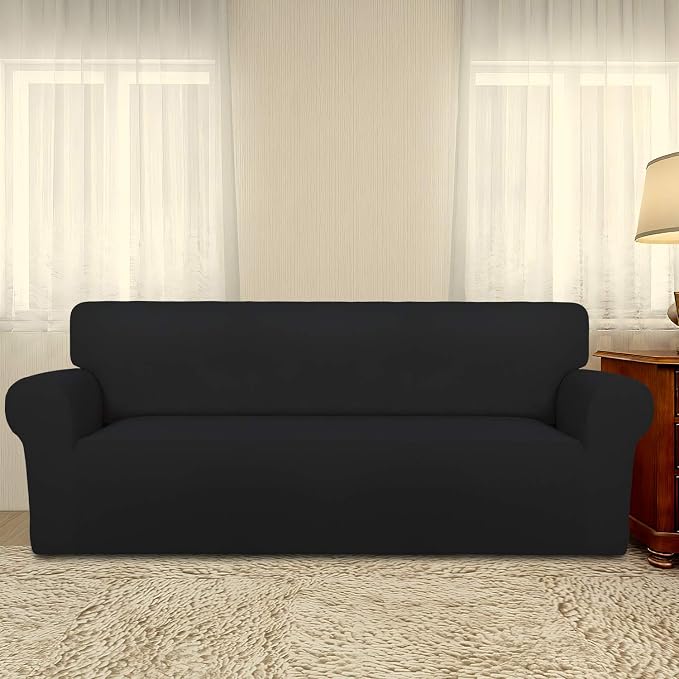 PureFit Stretch Oversized Couch Covers Fleece Sofa Slipcovers Black | 1-Piece - Image 2