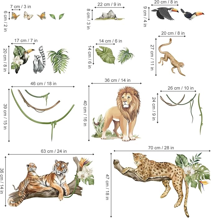 decalmile Large Jungle Animals Tree Branch Wall Stickers Safari Lion Leopard Tiger Wall Decals Baby Nursery Kids Room Playroom Wall Decor (XL)