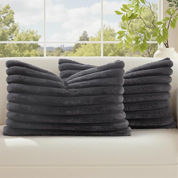 decorUhome Fall Faux Fur Throw Pillow Covers 12x20 Set of 2 Dark Grey | by decorUhome