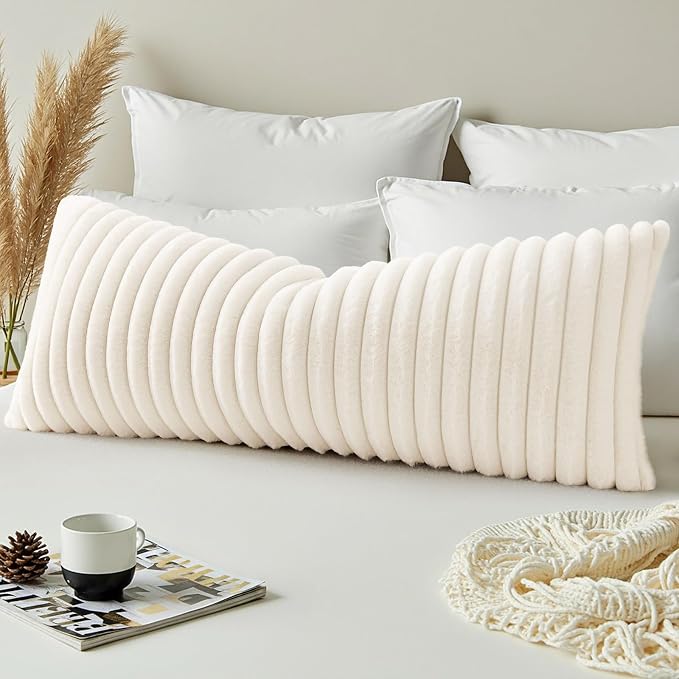 decorUhome Fall Faux Fur Throw Pillow Covers 14x36 Pack of 1 Cream White | - Image 4