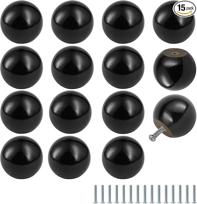 FoDau770 15pcs Black Wood Knobs, Round Ball Cabinet Knobs Vintage Drawer Pulls, Natural Wooden Cabinet Hardware for Furniture Drawer Dresser Wardrobe Cupboard - 1-1/2" Diameter