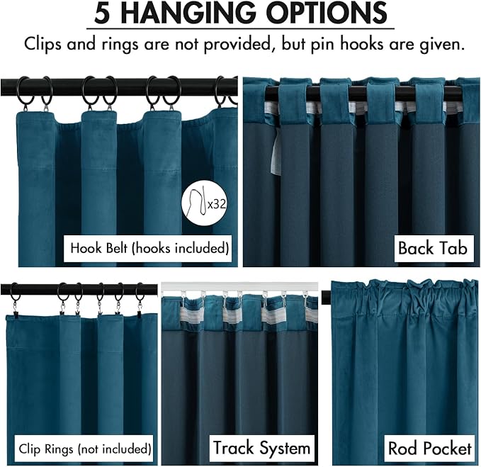 MIULEE Velvet Curtains 50W x 108L 2 Panels Peacock Blue Blackout Curtains | - Image 2