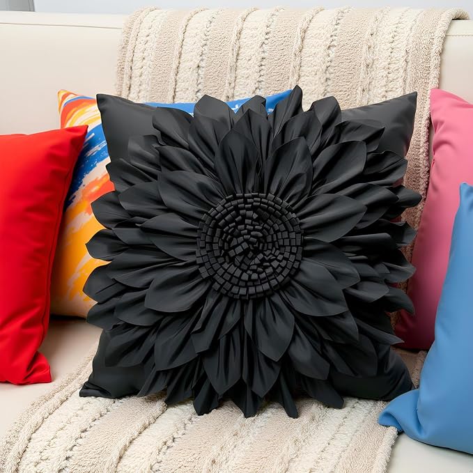 Black Accent 3D Flower Decorative Throw Pillow Covers - Image 7