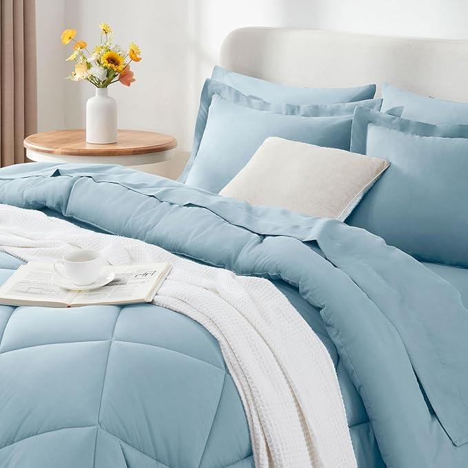 CozyLux King Size Comforter Set Light Blue - 7 Pieces Bed in a Bag King, Luxury Soft Bed Set for All Seasons, Bedding Set with Down Alternative Comforter, Sheets, Pillowcases & Shams