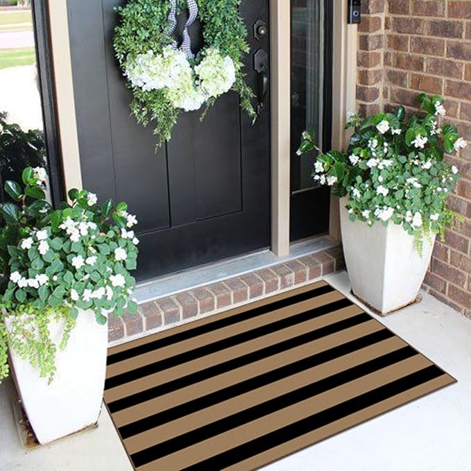Front Door Mat Indoor Outside Entrance 2x3 Black Tan Striped Rug | Non-Slip - Image 4