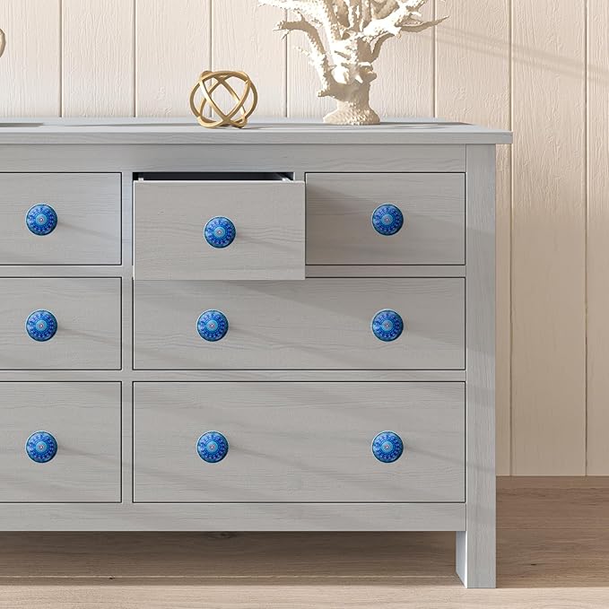 Handmade Blue Mandala Design Ceramic Stone Cabinet Knobs, Vintage Decorative Drawer Pulls for Trendy Cabinets, Modern Dressers & Cupboards, Knobs for Kitchen & Furniture-Set of 6