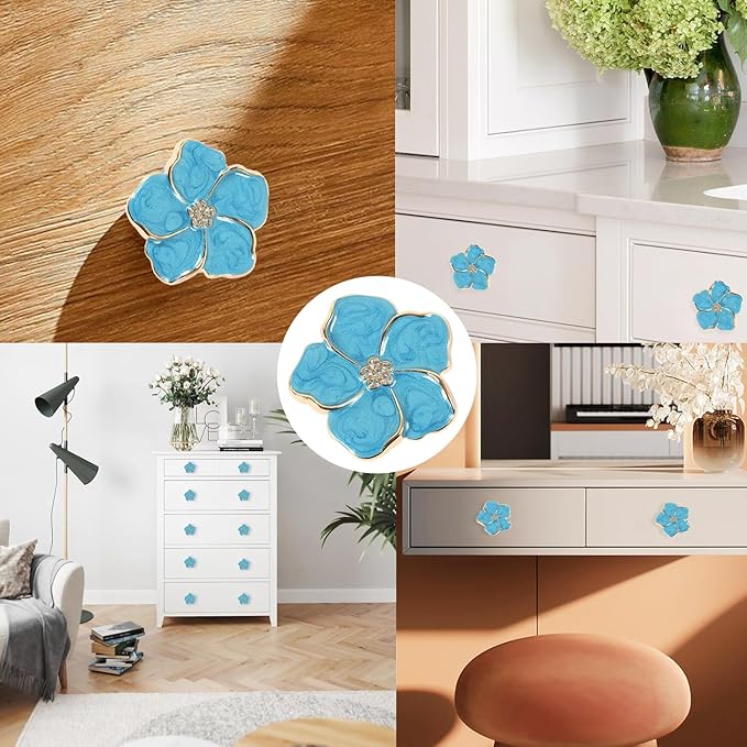 4 pcs Petal Handles Colorful Drawer Knobs Flower Petal Cabinet Dresser Knobs for Girl's Room Dresser Cupboard Drawer Wardrobe Decorative Furniture Knobs (Blue)