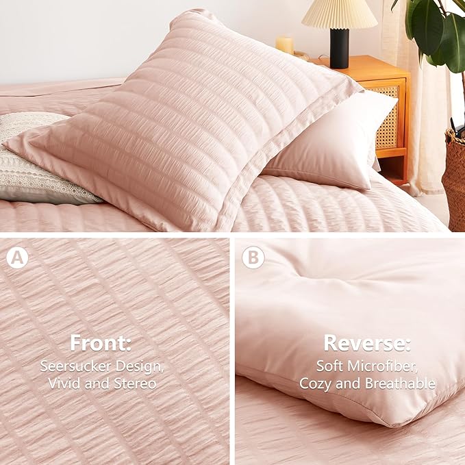 CozyLux Queen Comforter Set Blush Pink Seersucker 7 Pieces Bed in a Bag Queen Comforter Set with Sheets, Luxury Soft Bedding Set with Down Alternative Comforter, Sheets, Pillowcases & Shams All Season