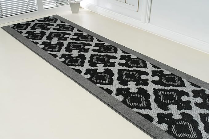 Custom Length Cut to Size Fleur de Lis Inspired Carpet Runner Rug for Hallways, Non Slip Rubber Backed, 31 inch Wide X Customized Length, Royal Grey, 31 inch X 10 feet