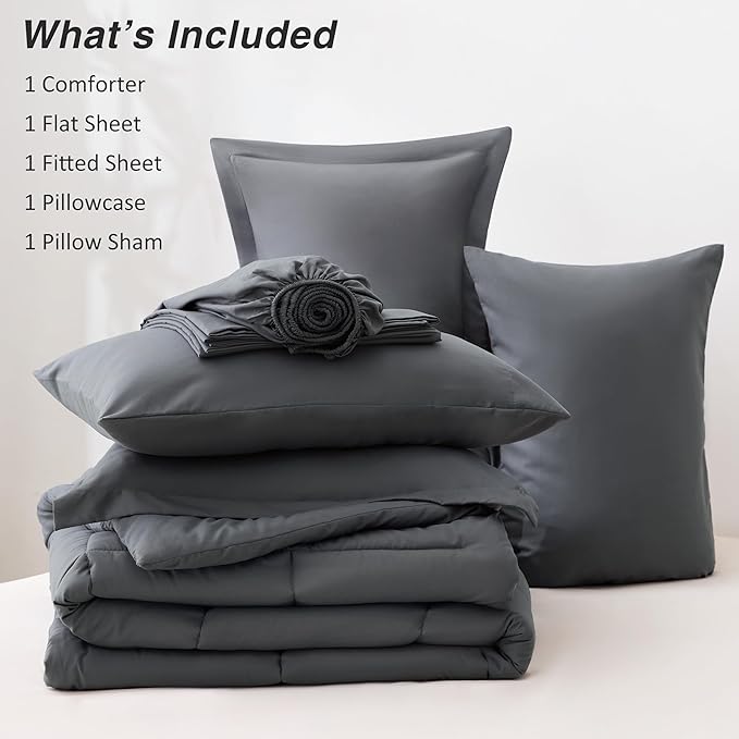 Love's cabin Twin Comforter Set Soot Grey, 5 Pieces Twin Bed in a Bag, All Season Bedding Sets with 1 Comforter, 1 Flat Sheet, 1 Fitted Sheet, 1 Pillowcase and 1 Pillow Sham