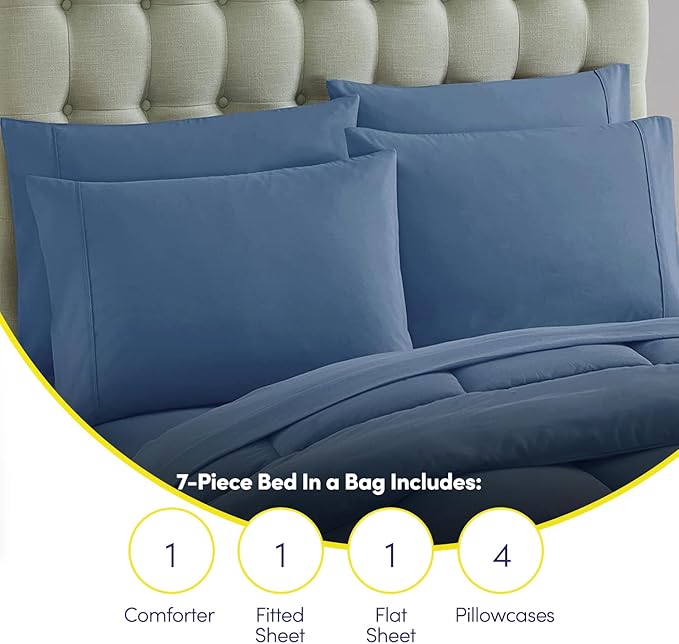 Sweet Home Collection 7 Piece Comforter Set Bag Solid Color All Season Soft Down Alternative Blanket & Luxurious Microfiber Bed Sheets, Denim, Queen