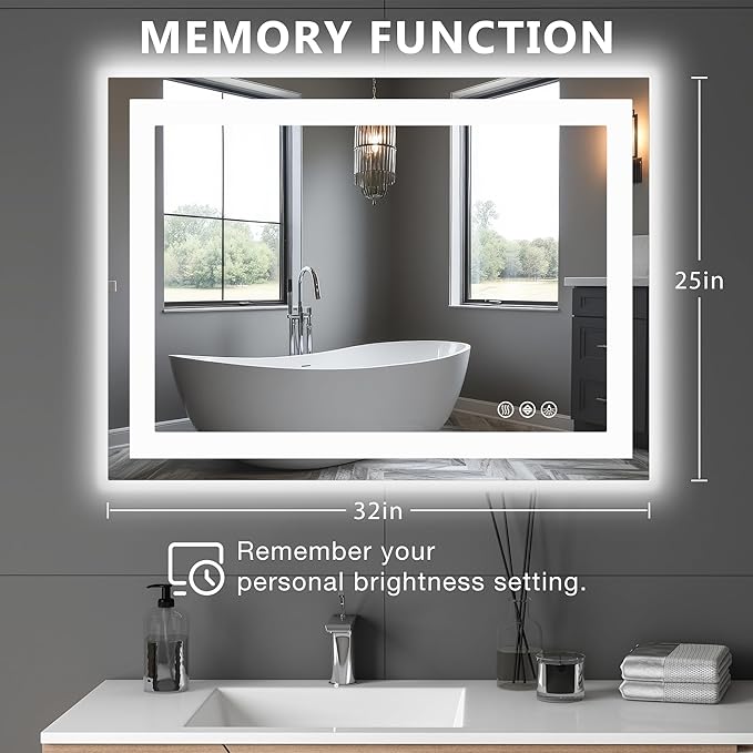 DUMOS 32"x 25" LED Bathroom Mirror with Lights, Anti-Fog Front Lit Backlit Lighted Wall Mounted Mirrors with Memory Function for Vanity, Makeup