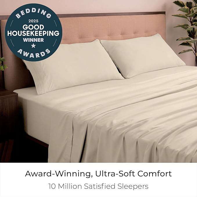 Mellanni King Sheets Set - 4 PC Iconic Collection Bedding - Hotel Luxury, Extra Soft, Cooling Bed Sheets - Wrinkle, Fade, Stain Resistant (King, Beige)
