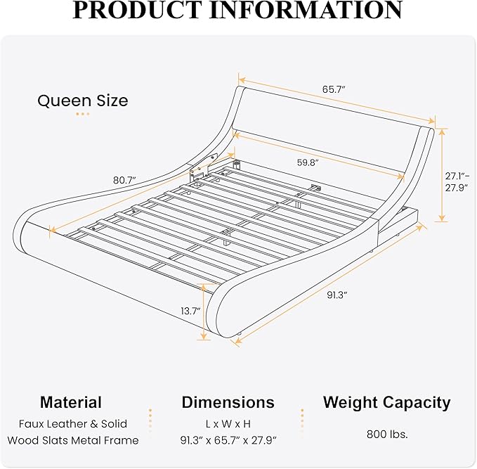 SHA CERLIN Modern Low Profile Platform Bed Frame Queen Size, Stylish Faux Leather Upholstered Sleigh Bed with Adjustable Headboard, No Box Spring Needed, Black&White