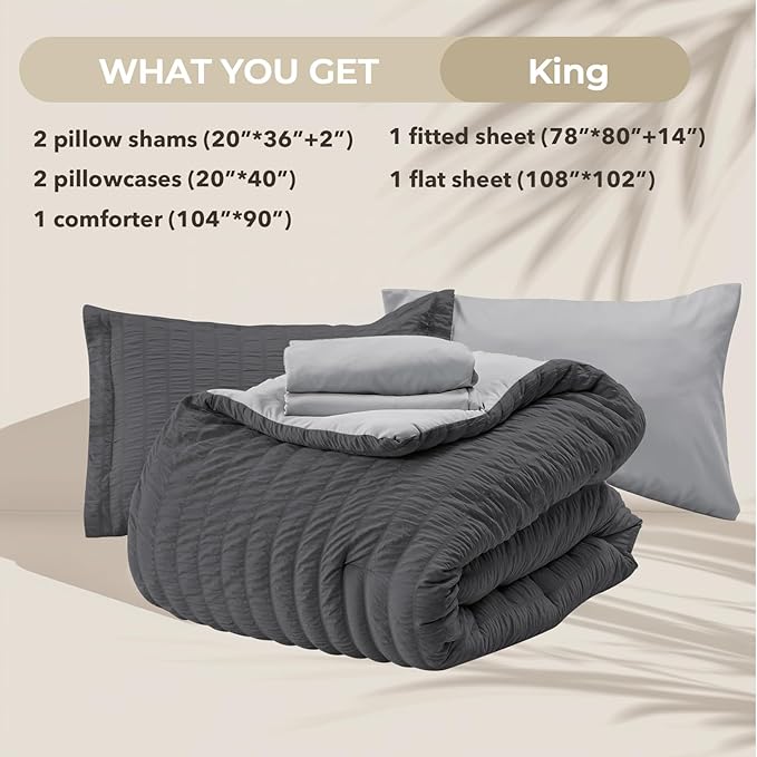 HYMOKEGE Dark Grey/Light Grey King Size Comforter Set Seersucker 7 Pieces, All Season Luxury Bed in a Bag for Bedroom, Bedding Set with Comforter, Sheets, Pillowcases & Shams