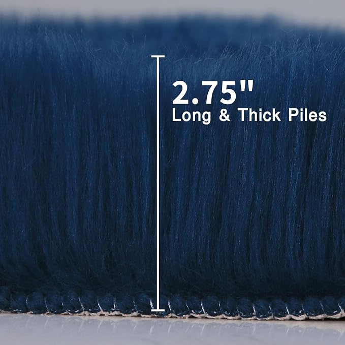 Navy Blue Faux Sheepskin Throw Rug 2x3 ft, Small Fluffy Fur Chair Cover | Shag - Image 2