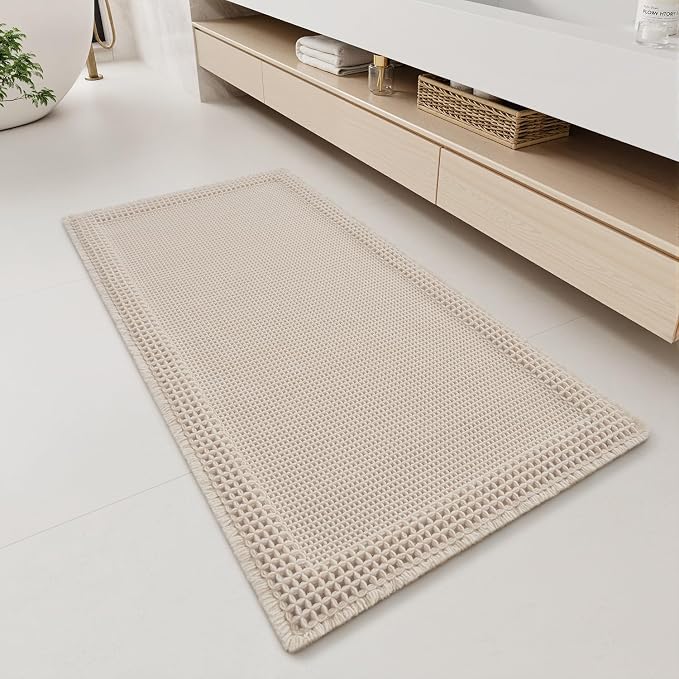 RESARE Waffle Bathroom Runner Rugs, Non Slip Boho Bath Mat 24x48 Pale Beige | by Resare