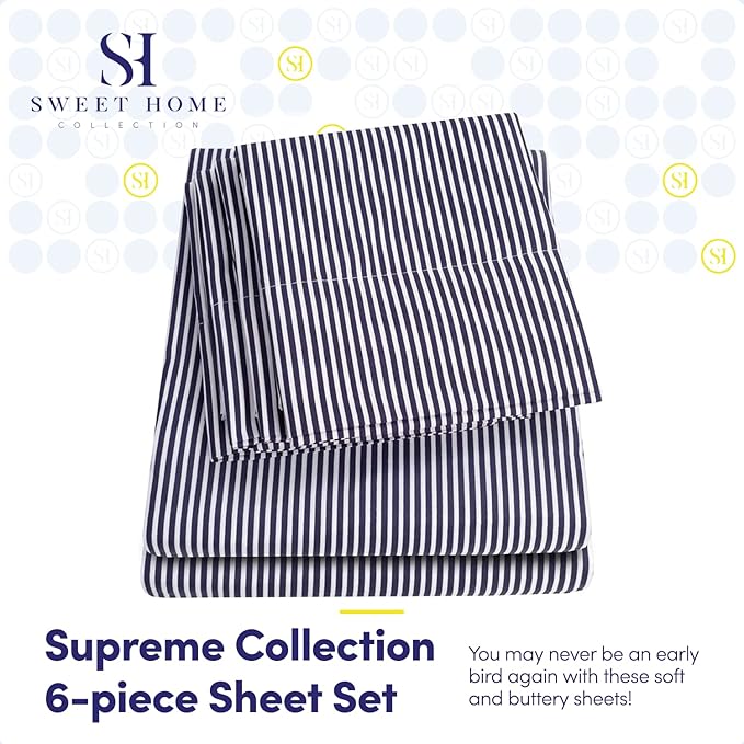 Cal King Size Bed Sheets - 6 Piece 1500 Supreme Deluxe Collection Deep Pocket Ultra Soft California King Sheet Set Bedding - 2 Extra Pillow Cases, California King, Classic Stripe Navy
