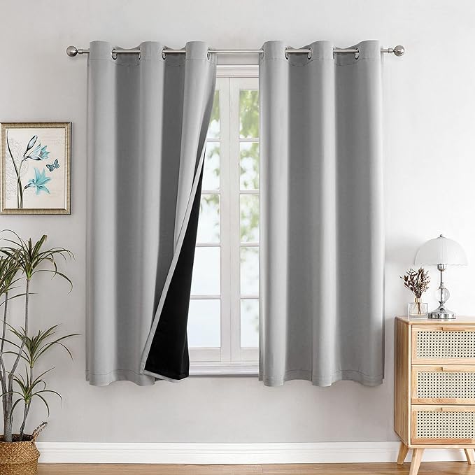 ChrisDowa 100% Blackout Curtains for Bedroom with Black Liner, 2 Thick Layers Total Blackout Thermal Insulated Grommet Small Window Curtains 54 Inch Length 2 Panels Set (Light Grey, 42 x 54 Inch)