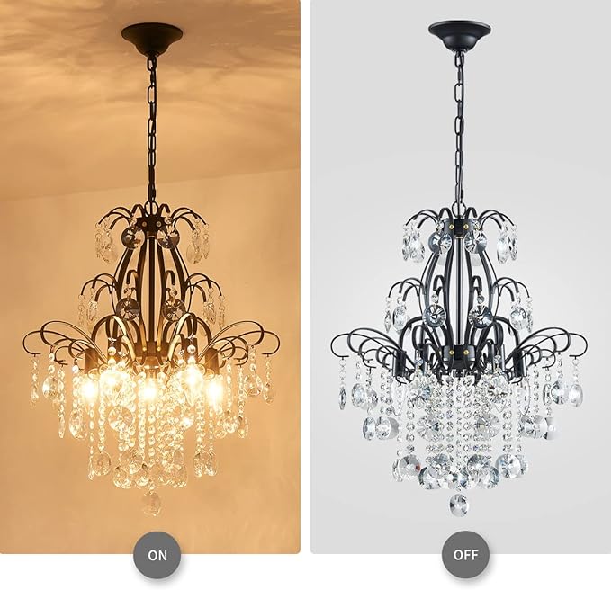 WUZUPS Crystal Chandelier 5-Light Pendant Ceiling Light Modern Lighting Fixture for Bedroom Hallway Bar Kitchen Bathroom, H 22.6'' x W 19.2'', E12 Base, Black