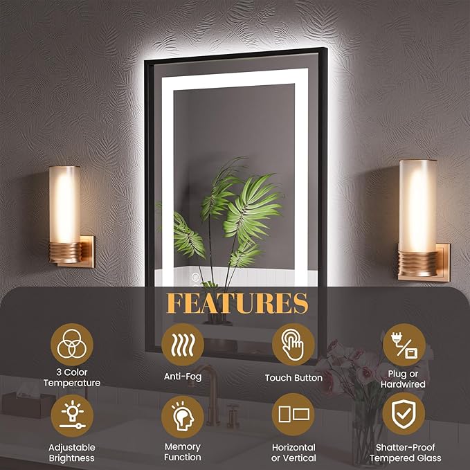 LED Bathroom Mirror,28"x36" Mirror with Black Frame, Front Light and Backlit, Stepless Dimmable, Anti-Fog, Shatter-Proof, Memory, 3 Colors, Double LED Vanity Mirror