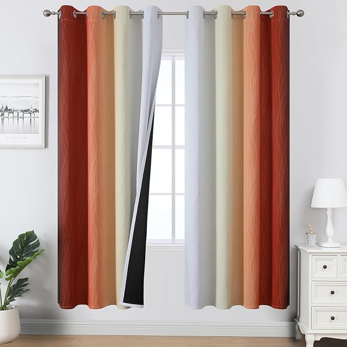 Burnt Orange and Greyish White Ombre Blackout Curtains 52Wx72L Inch Long | by ESTELARTEXTILER