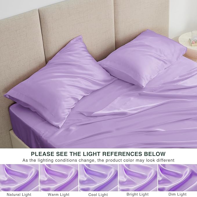 Love's cabin 4Piece California King Satin Bed Linen Set, Lavender Silky Satin Sheets, Deep Pocket, Luxury Silk Feel, 1 Flat, 1 Fitted Sheet, 2 Pillow Cases