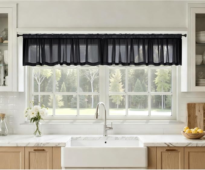 MIULEE 4 Panels Black Small Short Valance Sheer Curtains 42 x 14 Inches | Light - Image 2