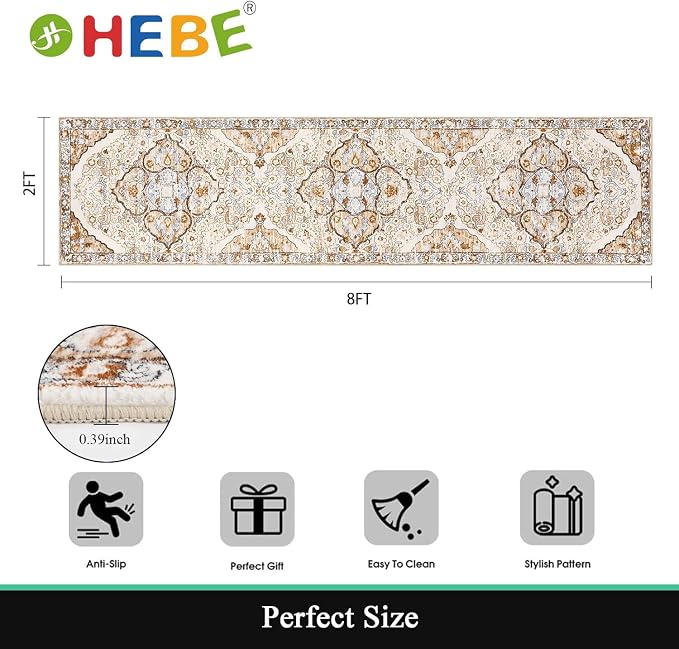 HEBE Hallway Runner Rug 2'x8', Washable Non Slip Kitchen Rug Runner | Soft Boho - Image 2