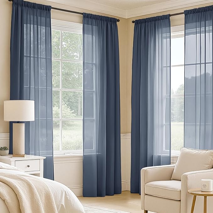 MIULEE Navy Blue Sheer Curtains 90 Inches Long 4 Panels 54 x 90 Inches | Light - Image 2