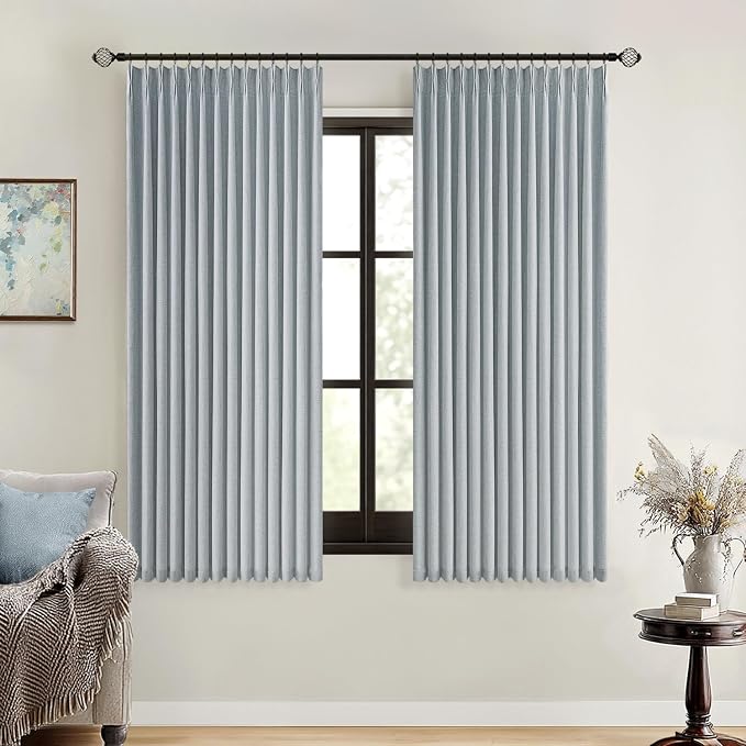 MIULEE Grayish Blue Pinch Pleated 100% Blackout Linen Curtains 40x63 Inches | by MIULEE