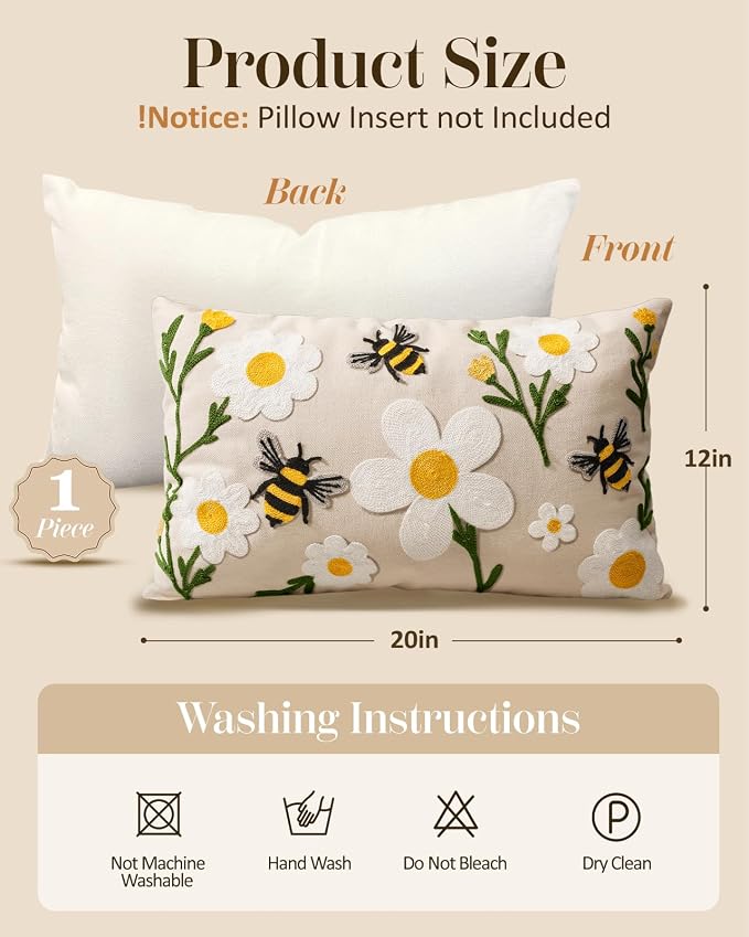 Embroidered Lumbar Pillow Cover 20x12 Inch, Flower Bee | Decorative Throw - Image 4