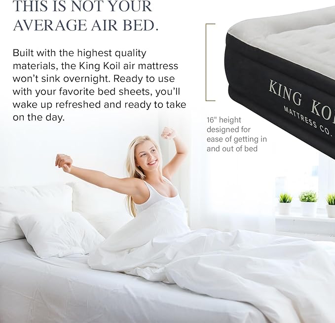 King Koil Pillow Top Plush Full Size Air Mattress with Built-in Pump for Home, Camping & Guests, 16" Inflatable Airbed Luxury Double High Adjustable Blow Up Bed, Waterproof, 1-Year Warranty