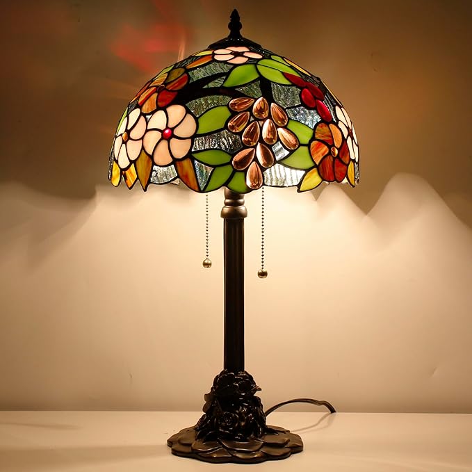 Tiffany Stained Glass Table Lamp 12X12X21Inch Resin Base Desk Bedroom Living Room Reading Light(Purple Grape Style)