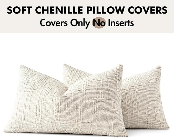 MIULEE Chenille Textured Lumbar Throw Pillow Covers Cream White 12x20 | Set of 2 - Image 8