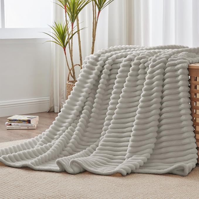 BEDELITE Ribbed Twin Blanket for Couch & Bed, Light Grey, Warm Yet Lightweight - Image 2