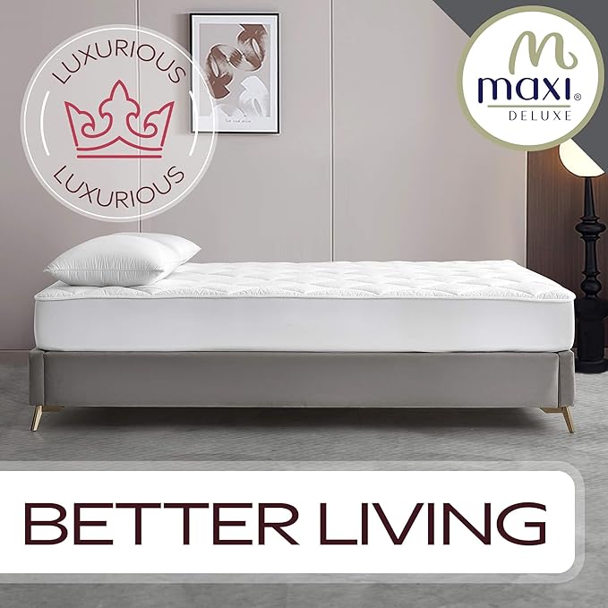 MAXI California King Mattress Pad - Luxurious Cotton Sateen Mattress Protector - Soft, Comfortable, and Breatheable Mattress Cover - Mattress Pad Protects Mattress from Dust, Dirt, Spills, and Stains