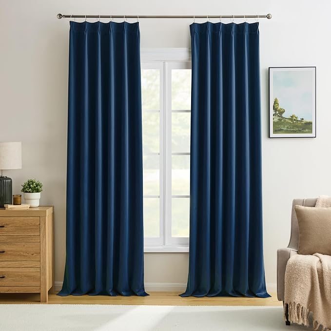 92 Inch Long Curtains Navy Blue Pinch Pleated Draperies by KEQIAOSUOCAI
