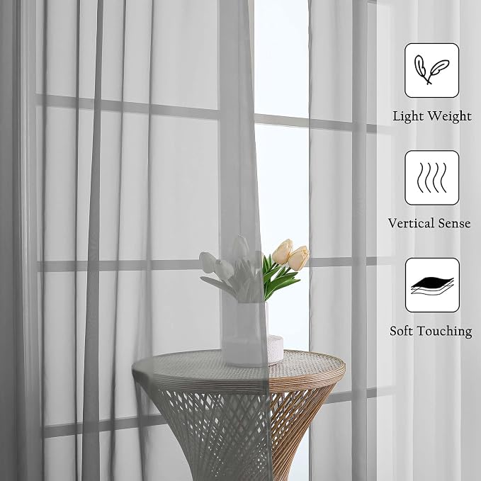 Charcoal Grey Sheer Curtains 63 Inch Length 2 Panels, Rod Pocket Light - Image 6