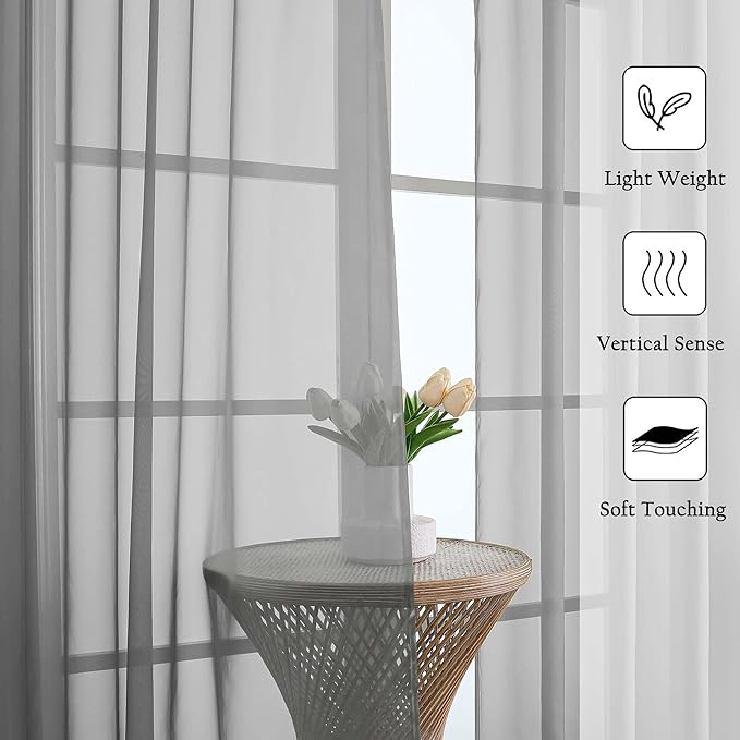 Charcoal Grey Sheer Curtains 120 Inches Long 2 Pcs, Light Filtering Rod Pockets - Image 2