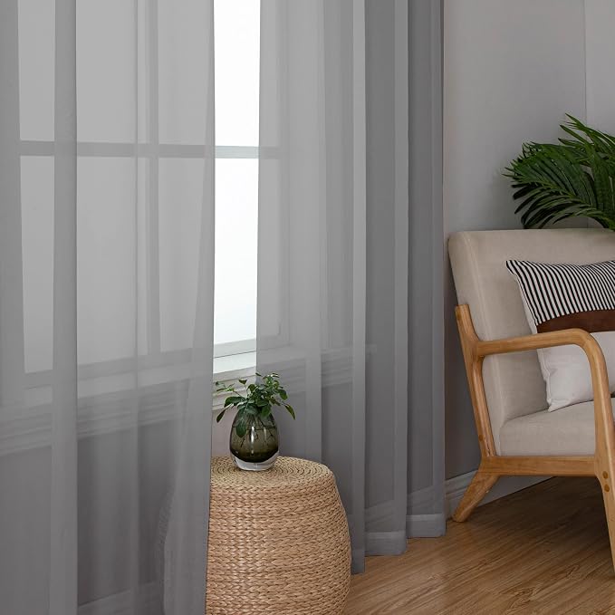 Chyhomenyc Sheer Curtains 84 inches Long 2 Panels, Charcoal Grey | Light - Image 5