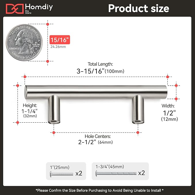 homdiy Brushed Nickel Cabinet Pulls Drawer Handles, 2-1/2in(64mm) Hole Center Dresser Pulls Silver Drawer Pulls for Kitchen, Bedroom, Bathroom,Livingroom